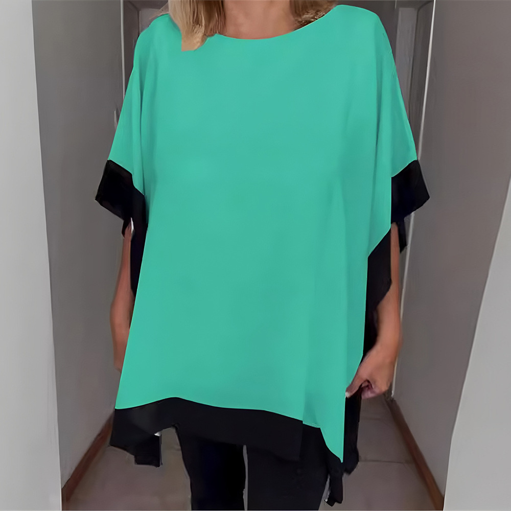 Women's Loose Crewneck Batwing Sleeve Colorblock Top Mercerized T-Shirt