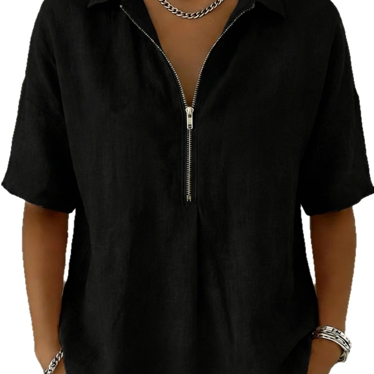 Women's Solid Color Zip Short Sleeve Shirt