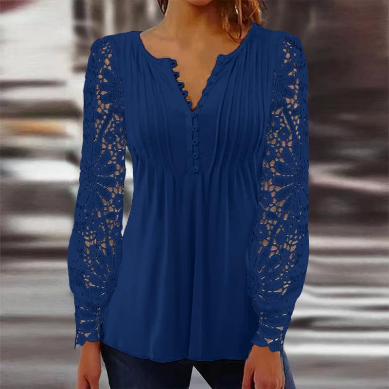 Women's Lace Trim Pleated Solid Button T-Shirt