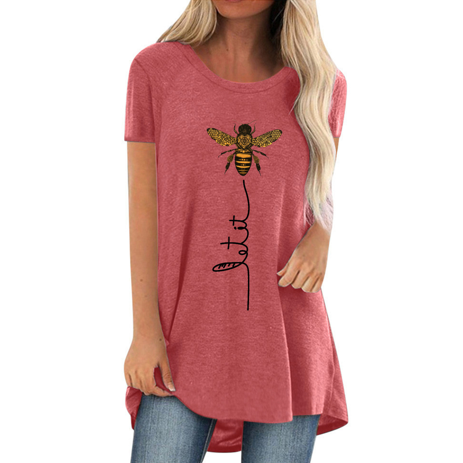 Bee Letter Print Crewneck Women's Short Sleeve Top