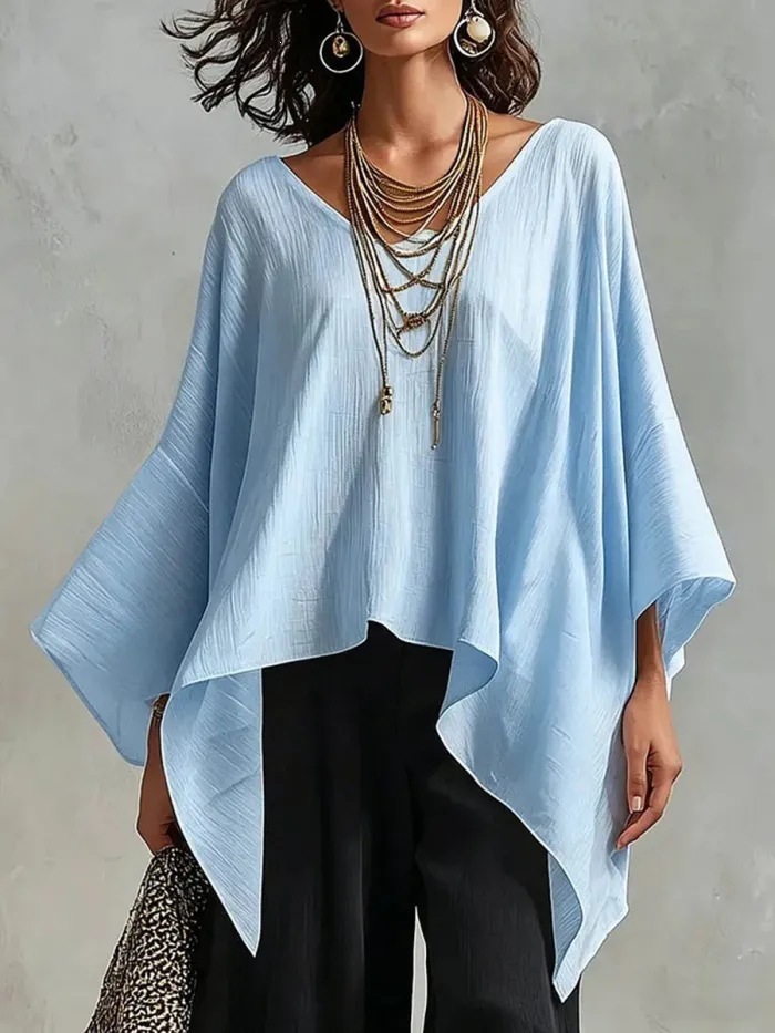 Women's Loose V-Neck Asymmetrical Batwing Sleeve Top Casual Vacation