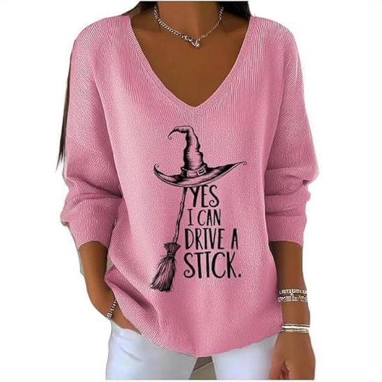 Halloween Witch Hat Broom Letter Print V-Neck Long-Sleeve T-Shirt