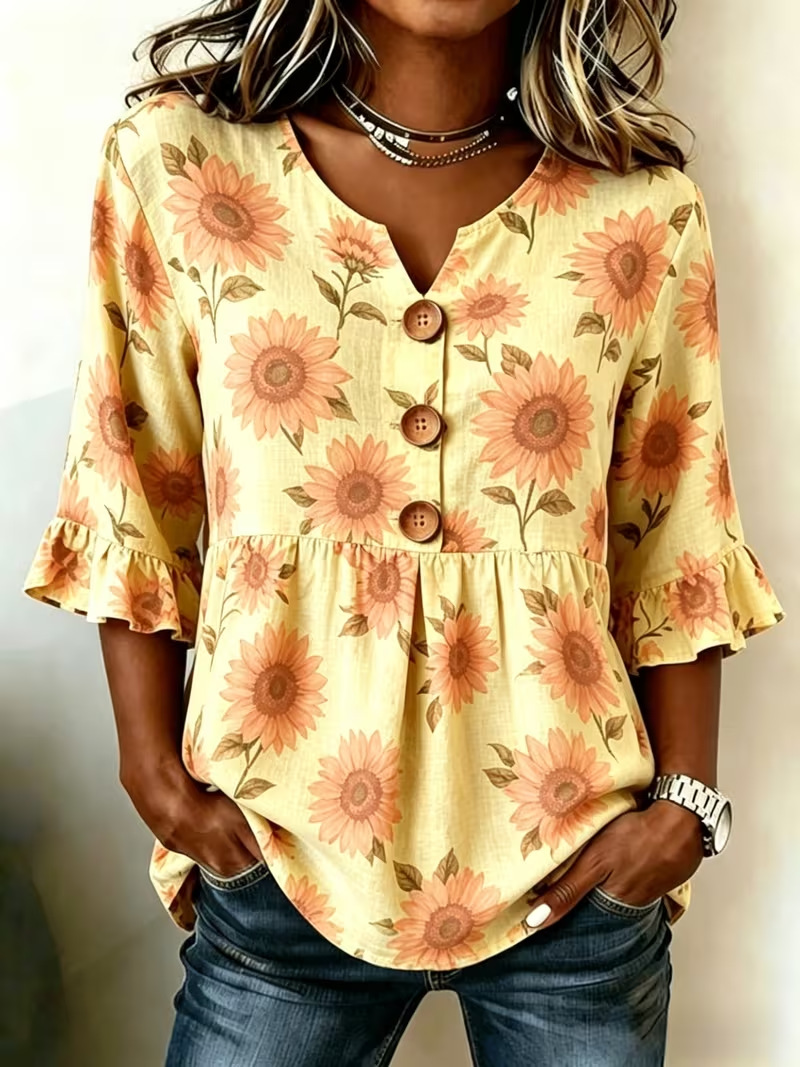 Floral Print Half-Sleeve Button-Up Top