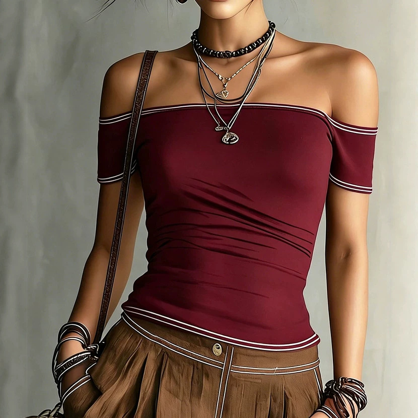 Women's Off-Shoulder One-Line Neck Crop Top Short Sleeve T-Shirt