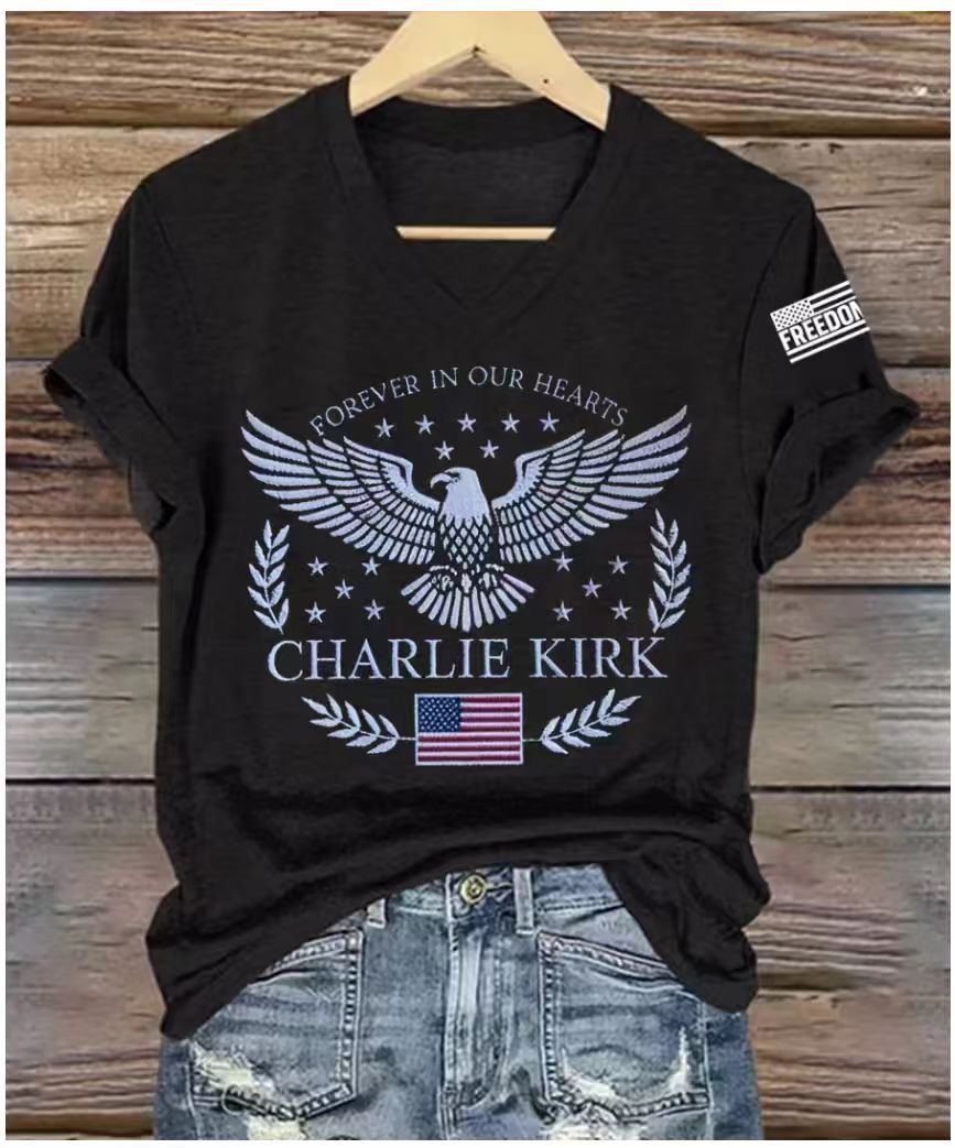Eagle Peace Letter Print V-Neck Short Sleeve T-Shirt for Women