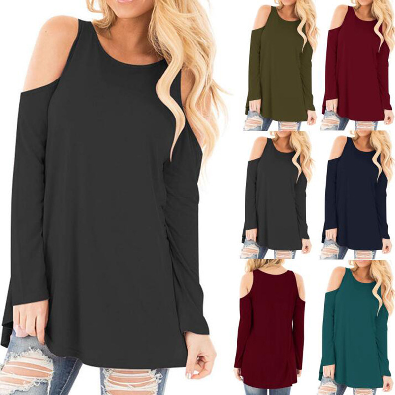 Women's Long Sleeve Off-Shoulder Round Neck T-Shirt