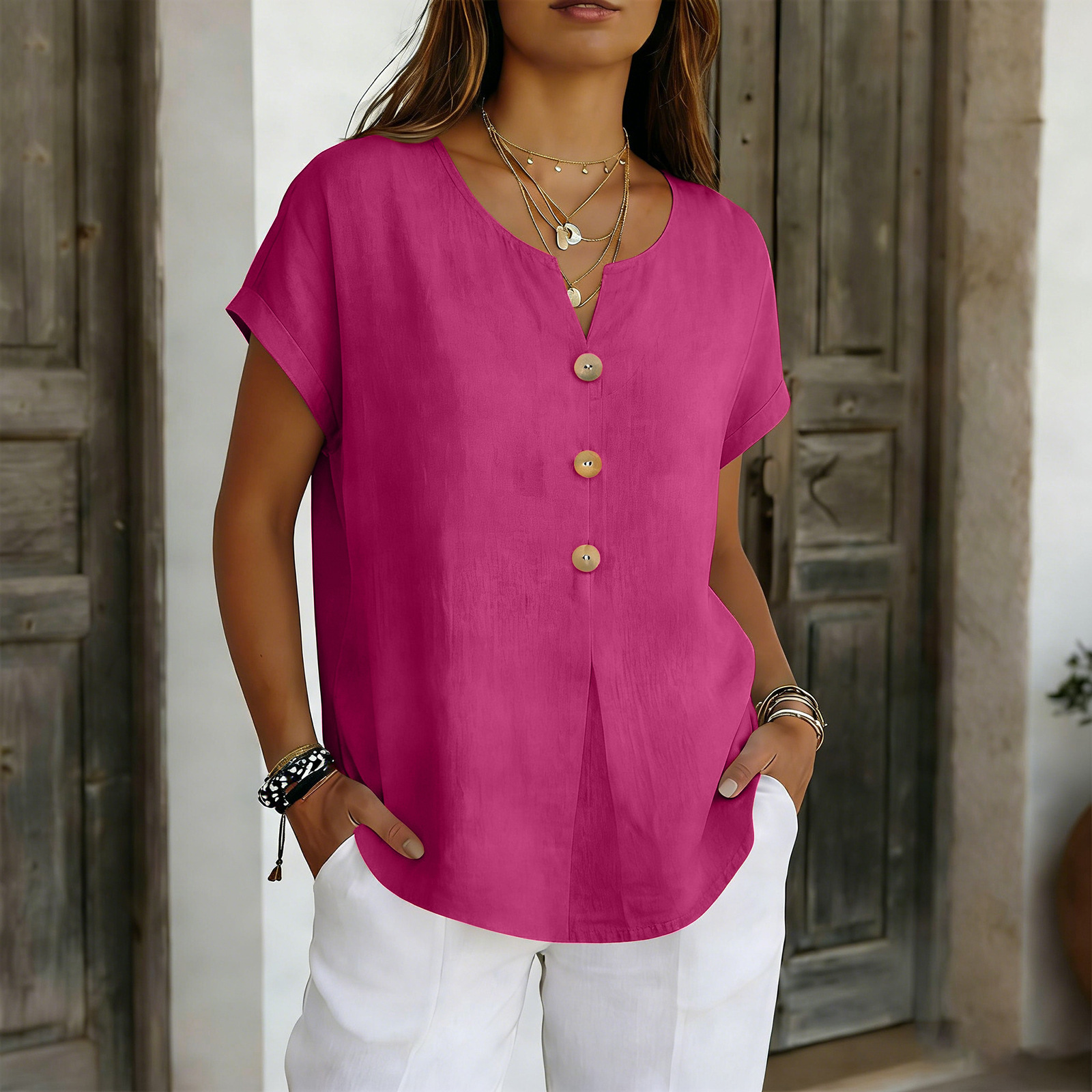 Women's Solid Color Cotton-Linen Short Sleeve V-Neck Loose Fit Top
