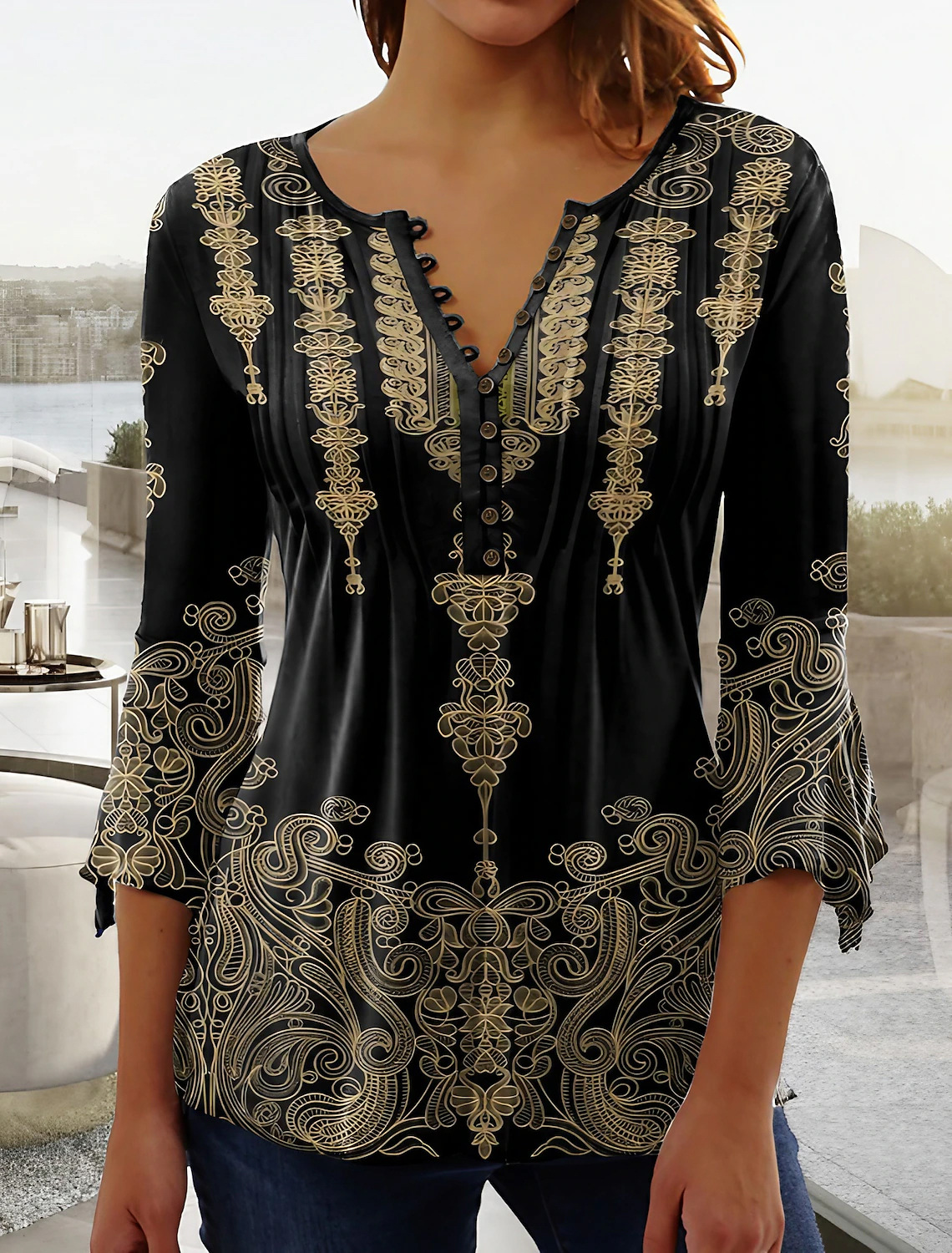 Floral Print V-Neck Short Sleeve Pleated Button T-Shirt