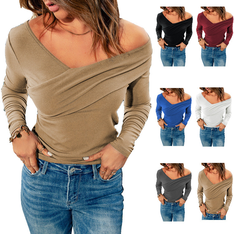 Solid V-Neck Off-Shoulder Long-Sleeve Wrap Top