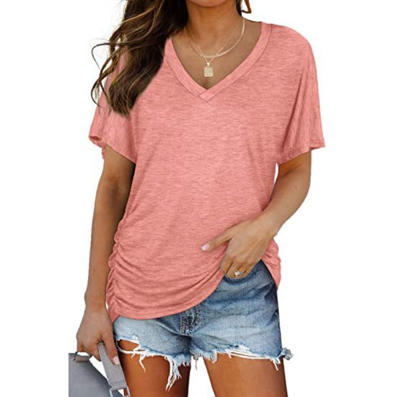 Solid Color Batwing Sleeve V-Neck Side Ruched Short Sleeve T-Shirt