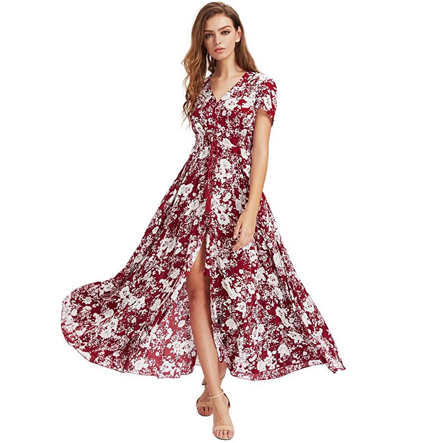 Bohemian Vintage Floral V-Neck Loose Long Dress