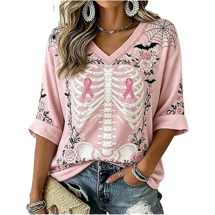 Skeleton Floral Ribbon Print V-Neck Half-Sleeve T-Shirt