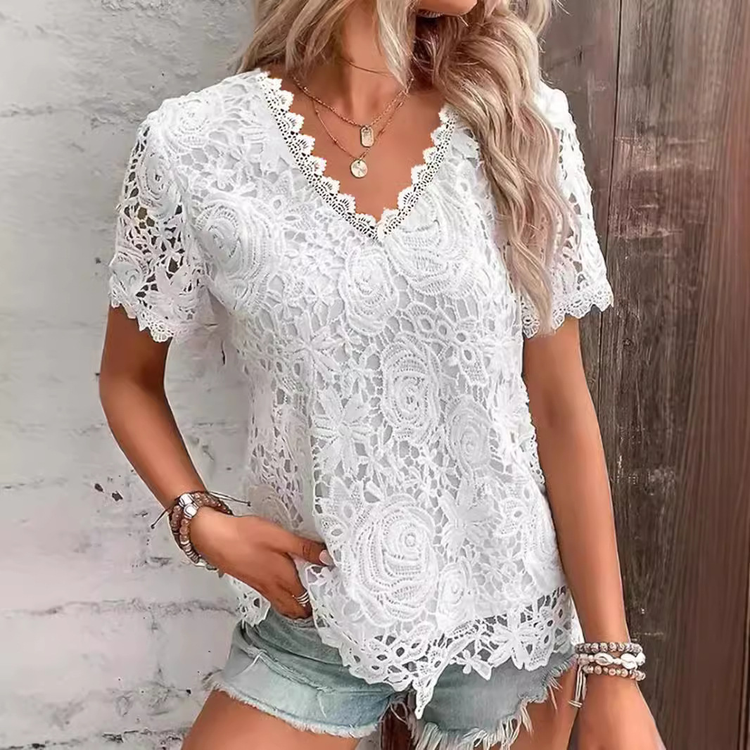 Women's Lace Trim Short Sleeve V-Neck Top