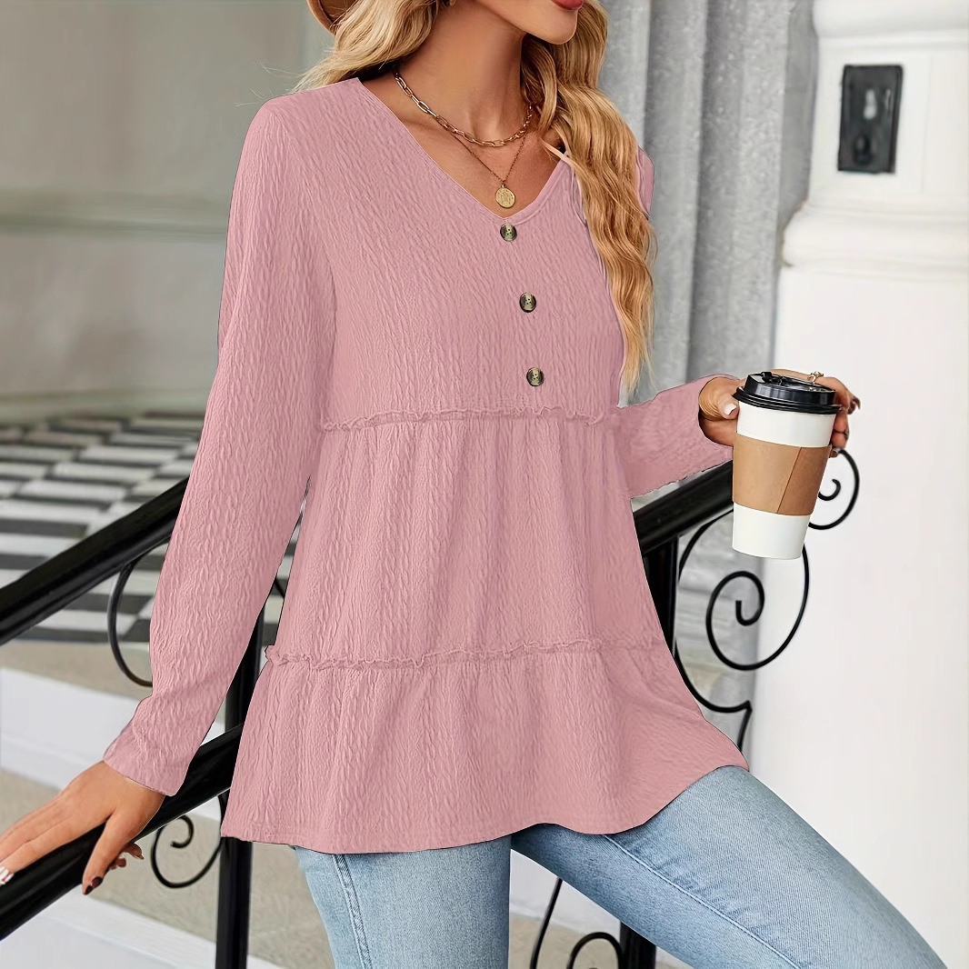 Solid V-Neck Buttoned Loose Long-Sleeve T-Shirt Top