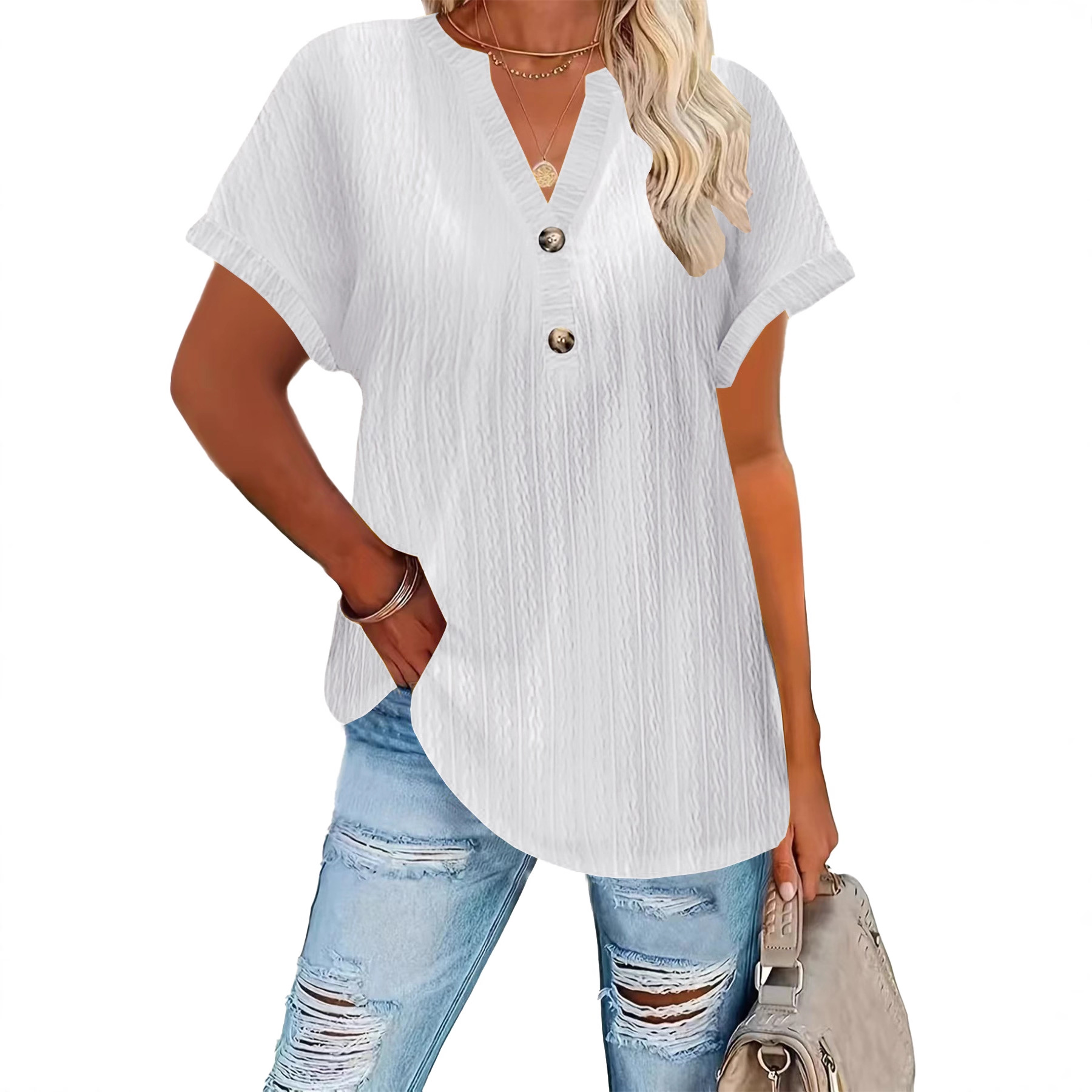 Women's Casual Solid Button V-Neck Short Sleeve T-Shirt
