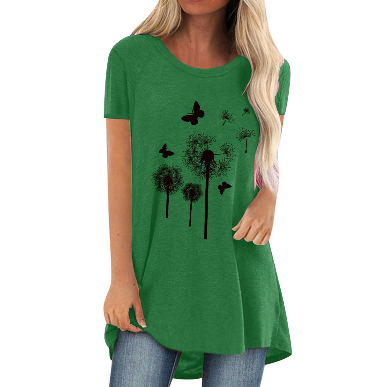 Dandelion Print Crewneck Short Sleeve Women's Top