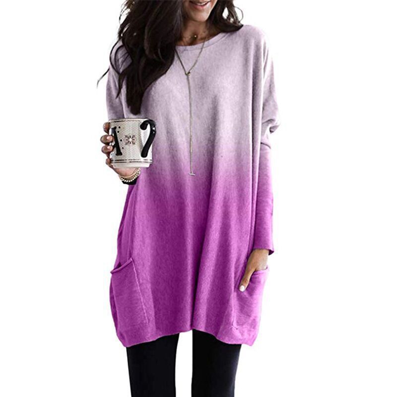 Women's Long Sleeve Pocket T-Shirt Casual Loose Fit Crew Neck Top