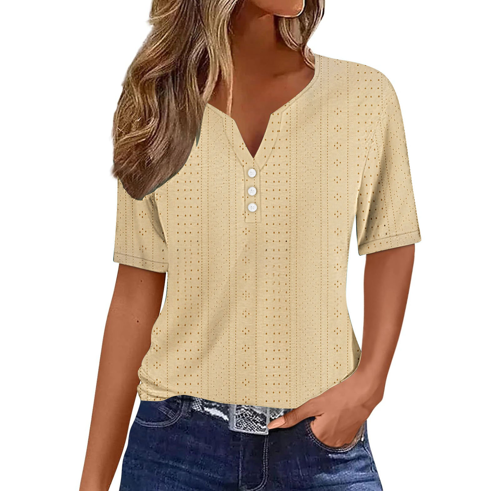Women's Summer V-Neck Jacquard Hollow-Out Short-Sleeve Top