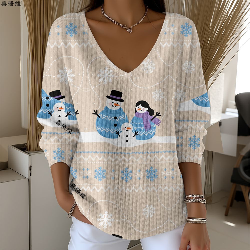 Christmas Snowman Reindeer Bow Print V-Neck Long Sleeve T-Shirt