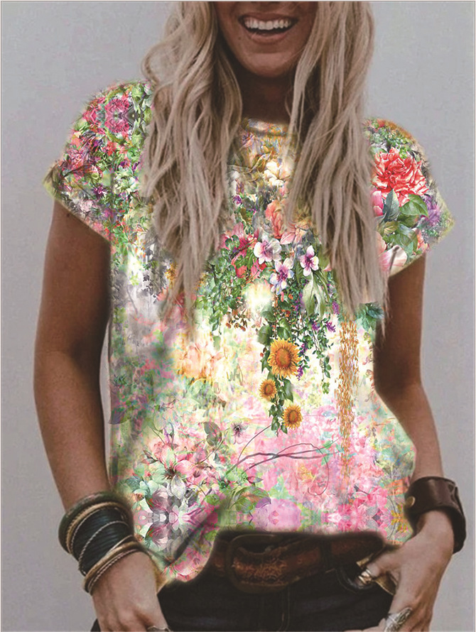 Women's V-Neck Floral Print Short Sleeve Loose Fit T-Shirt