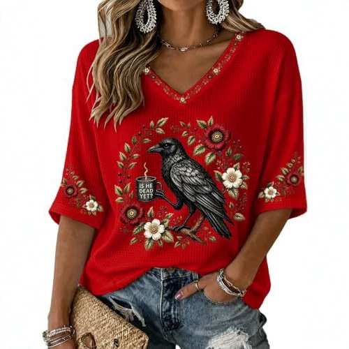 Bird & Crow Floral Print V-Neck Half-Sleeve T-Shirt