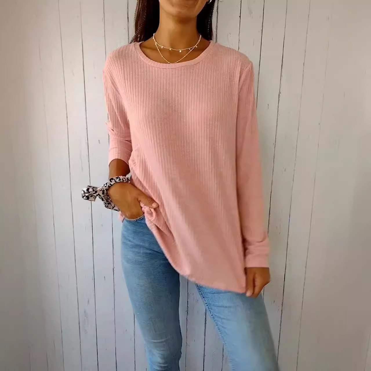 Ribbed Knit Button-Detail Crewneck Long-Sleeve Top