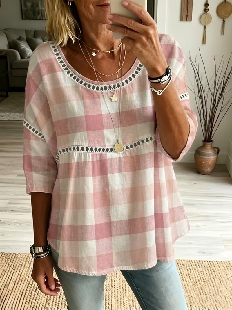Plaid Floral Star Print Long Sleeve Women's Top