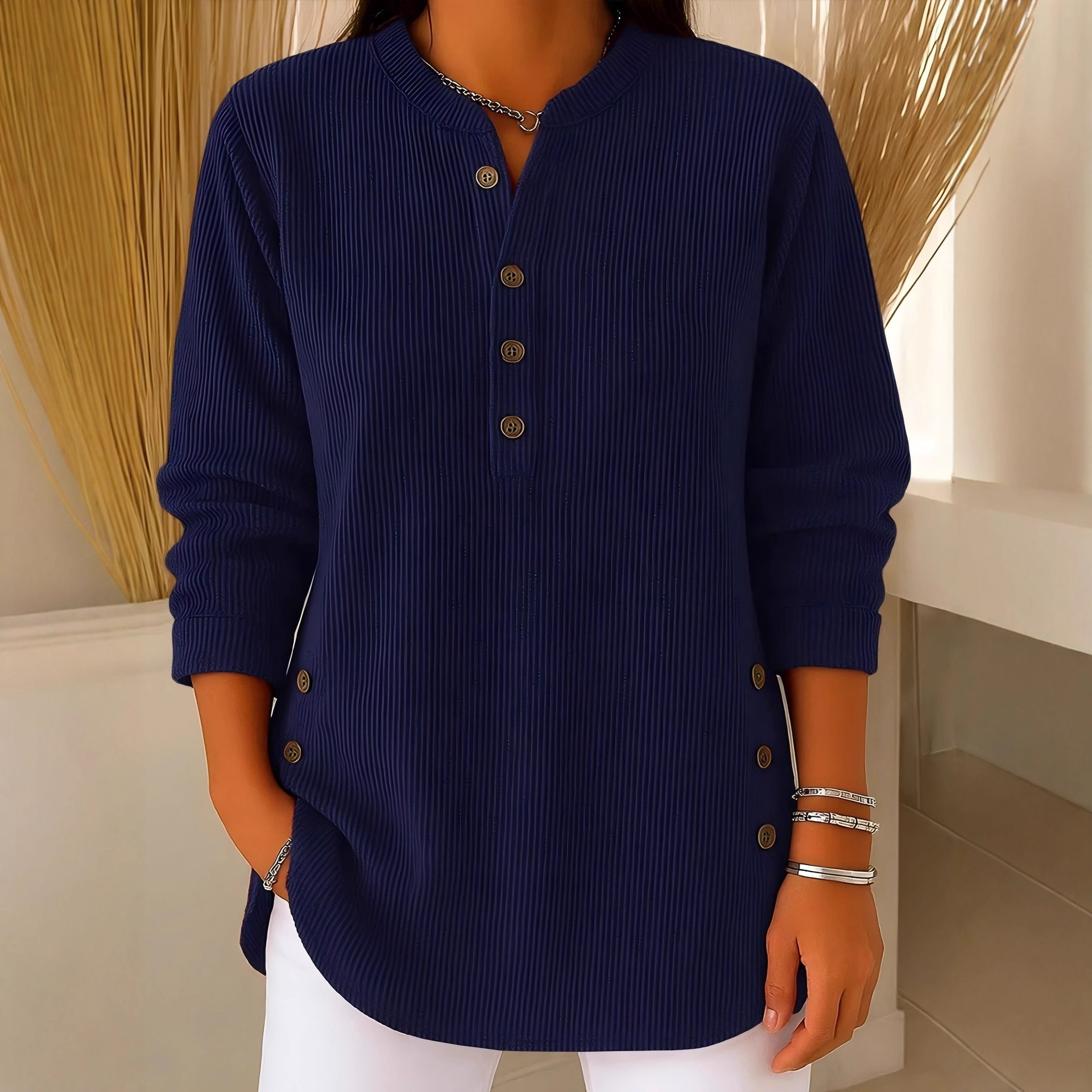 Corduroy Solid V-Neck Button Long-Sleeve Loose Fit Women's Top