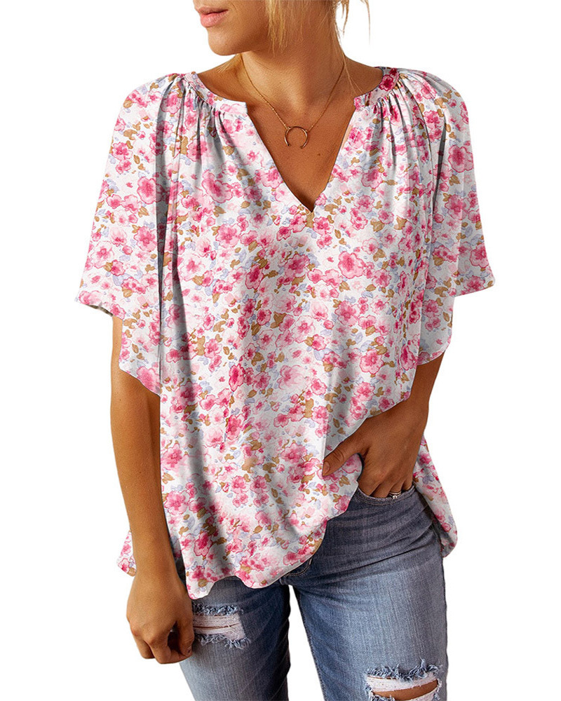 V-Neck Floral Print Short Sleeve Top