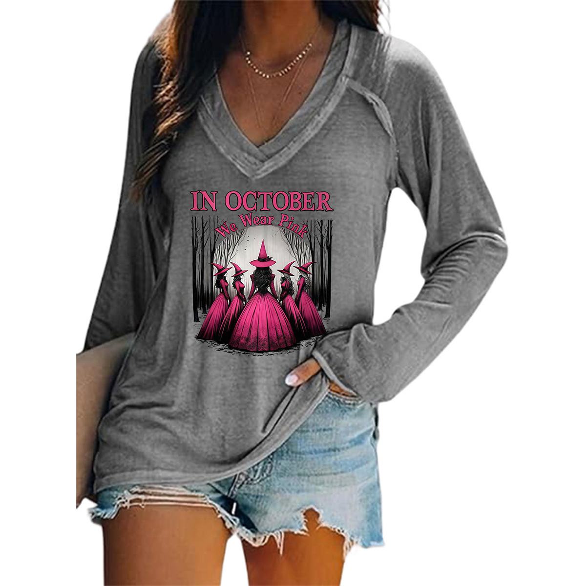 Women's Halloween Witch Hat Print V-Neck Long Sleeve T-Shirt