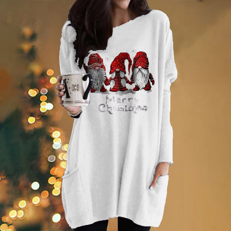 Christmas Santa Print Long-Sleeve Pocket Round-Neck T-Shirt Dress