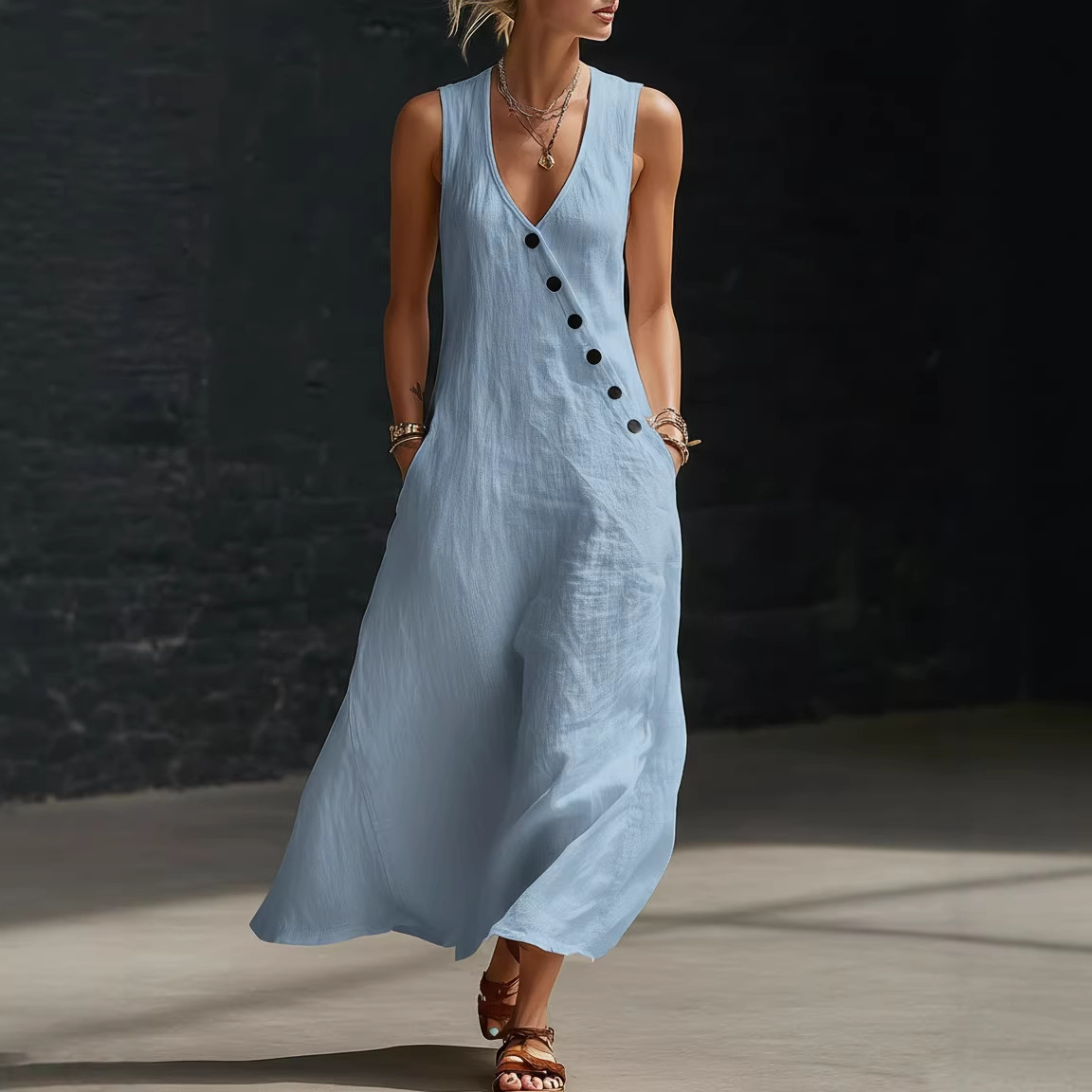 V-Neck Sleeveless Button-Front Midi Dress Cotton-Linen Vacation Casual