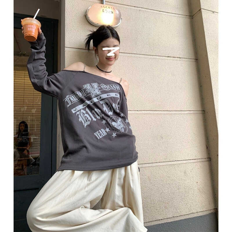 Women's Off-Shoulder Long-Sleeve Cropped T-Shirt Loose Fit