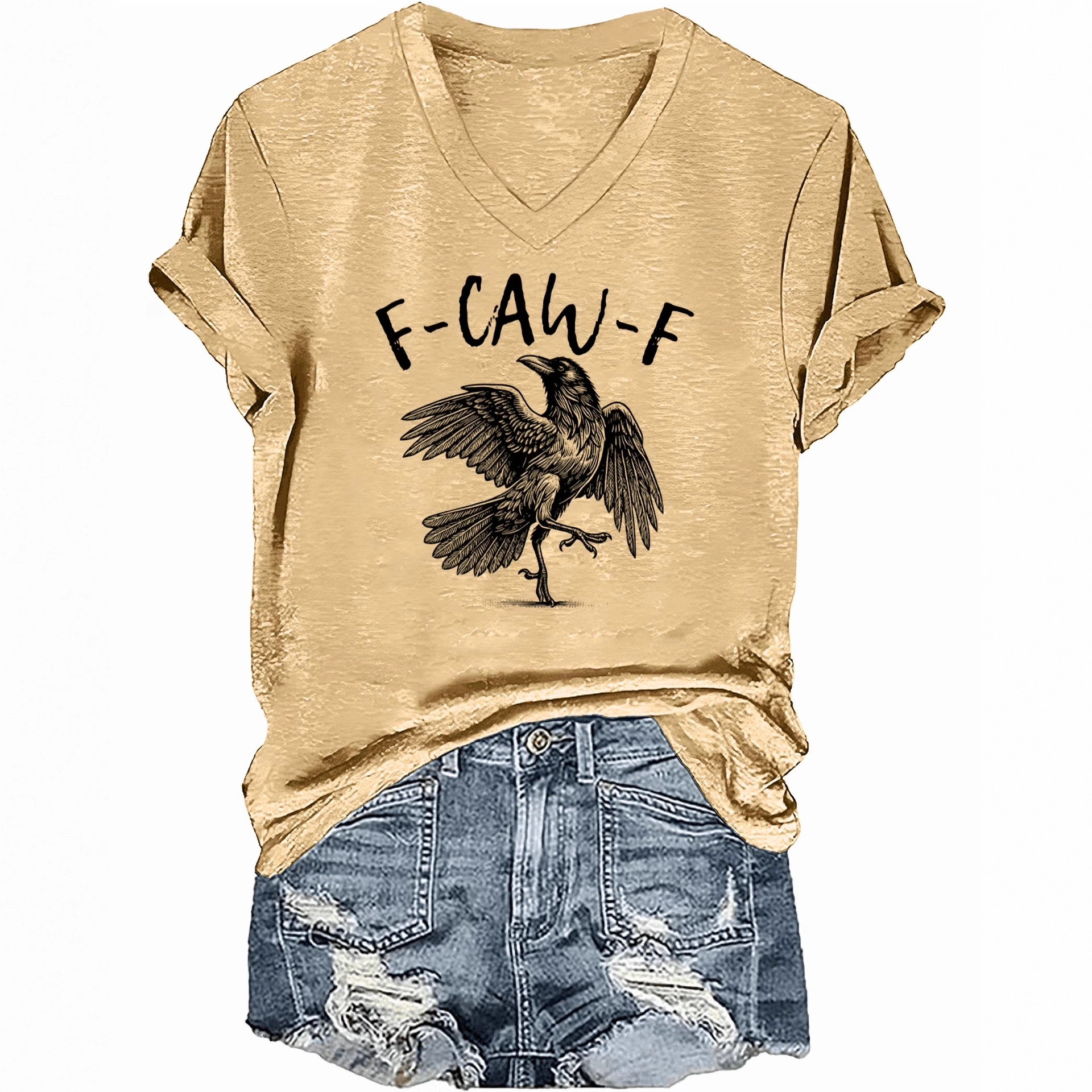 Flying Raven Graphic V-Neck Short Sleeve T-Shirt for Women