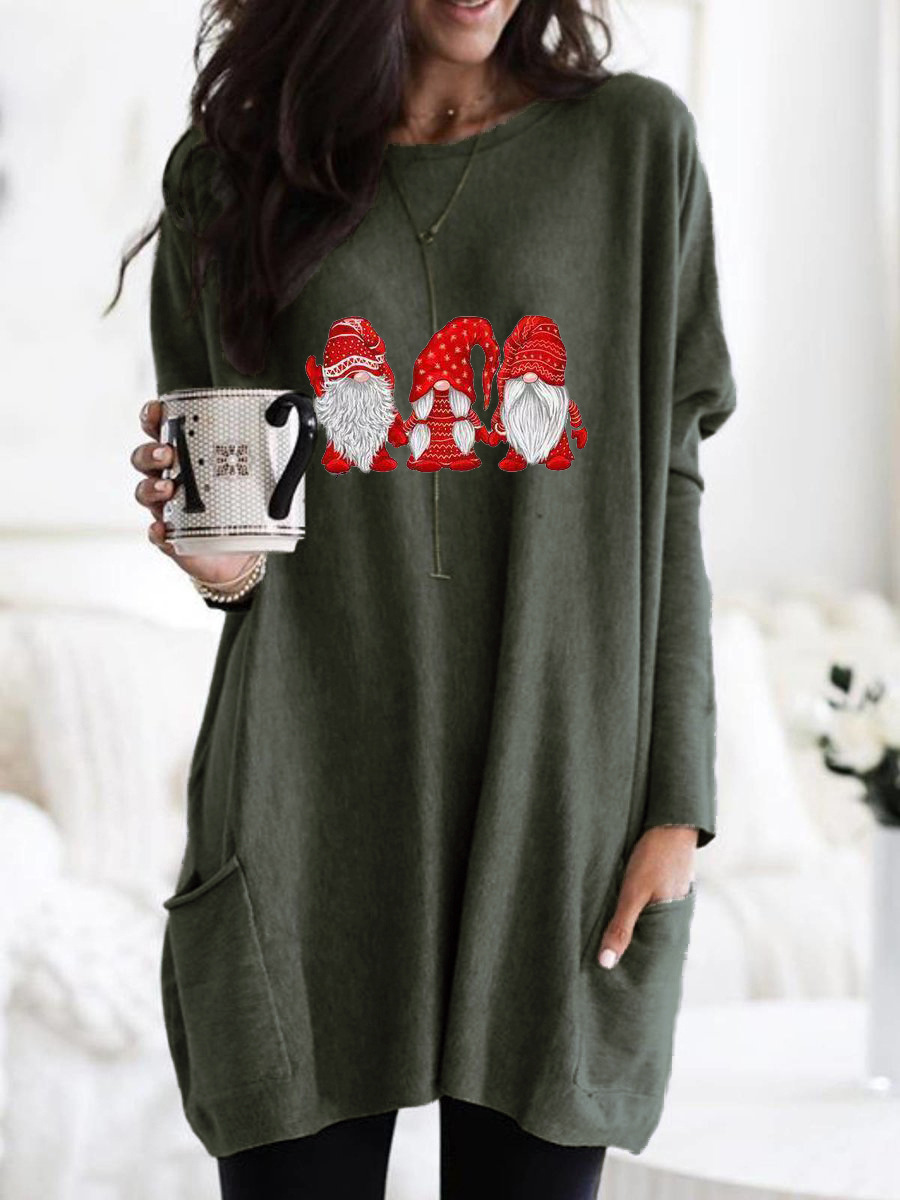 Santa Print Long Sleeve Round Neck Pocket Dress