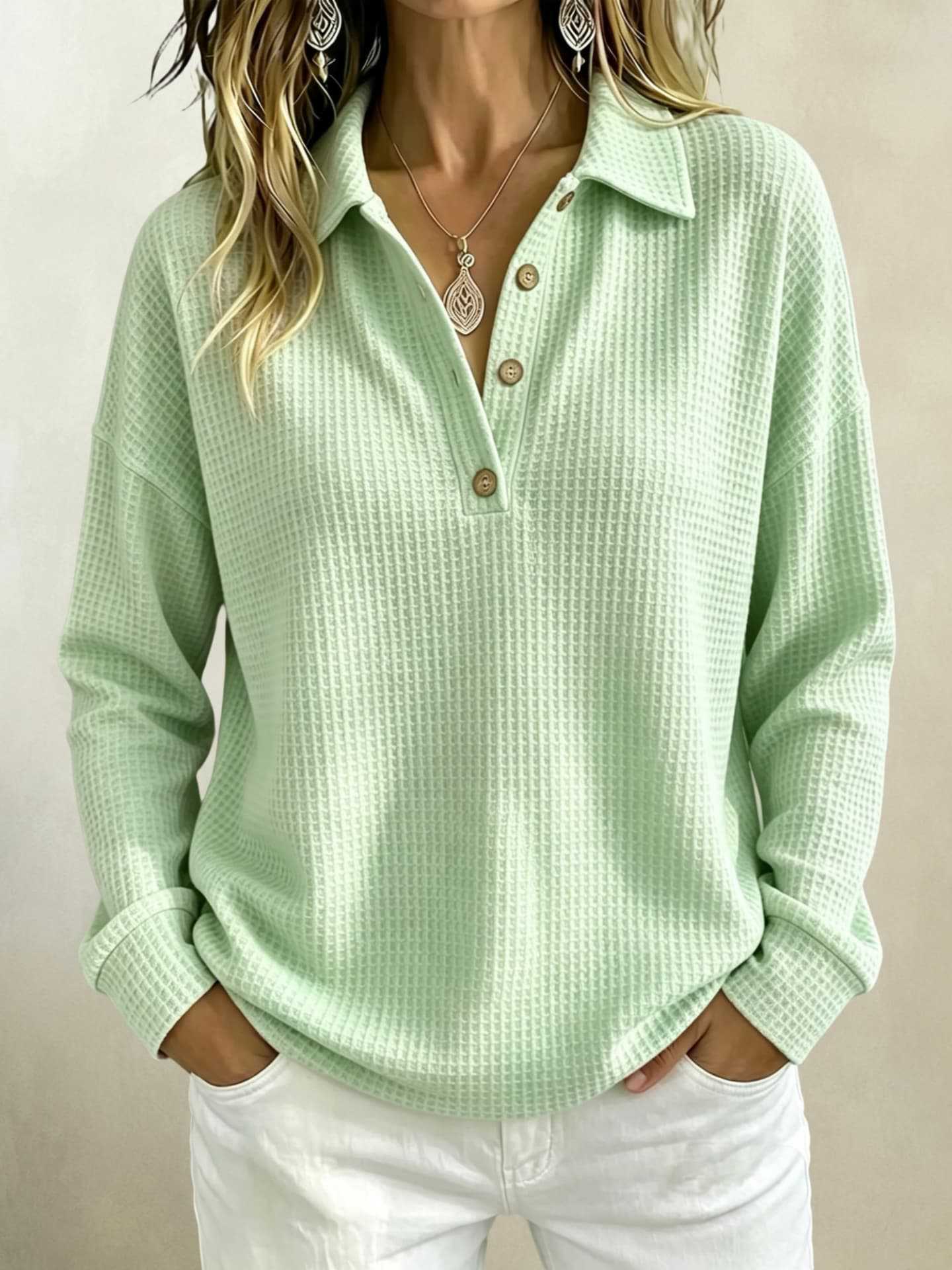 Waffle Knit Polo Collar Long Sleeve Top for Women Loose Half-Button Solid Color Henley Tee