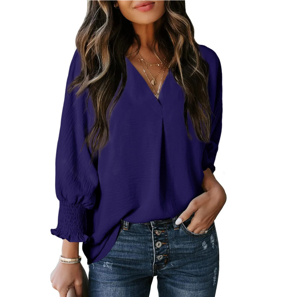Women's V-Neck Long Sleeve Loose Fit Blouse Top