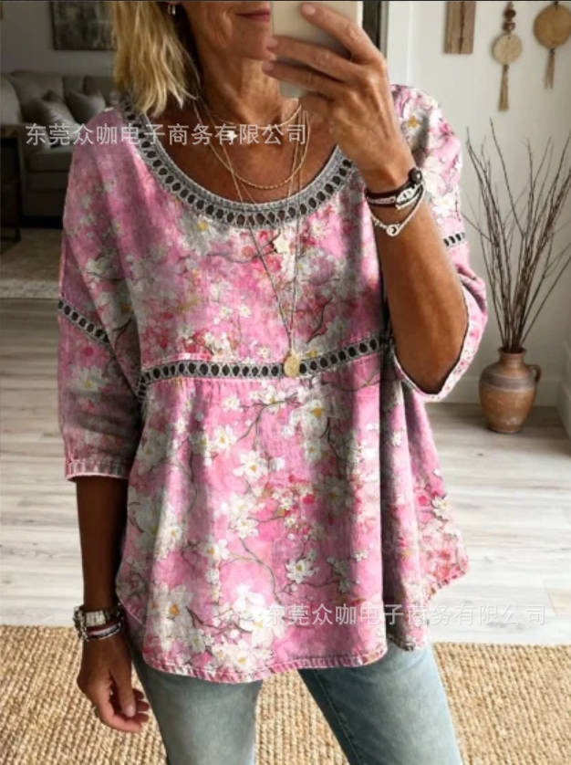 3D Floral Print Crewneck Half-Sleeve Ruched Top