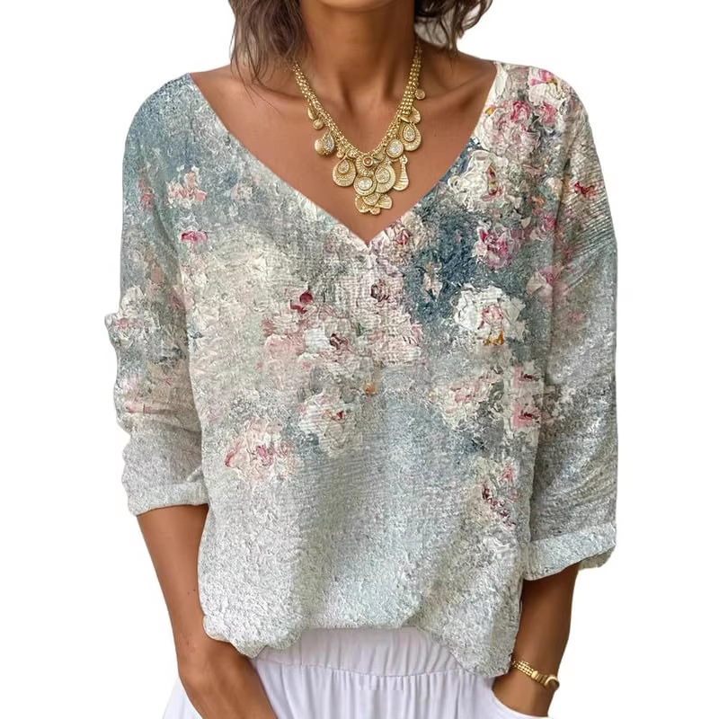 Women's V-Neck Long Sleeve Printed T-Shirt