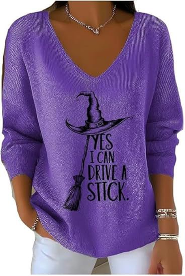 Halloween Witch Hat Broom Letter Print V-Neck Long-Sleeve T-Shirt