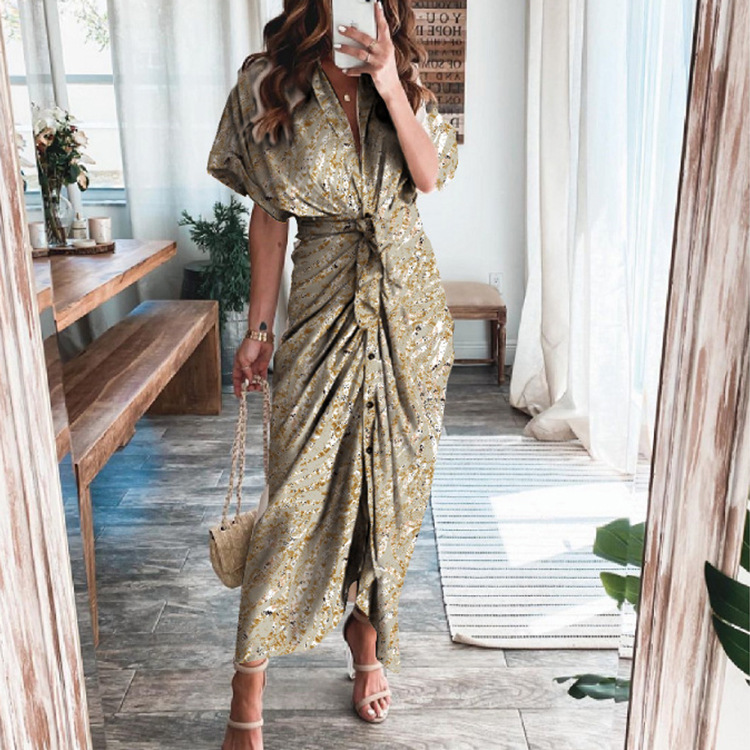 Women's Asymmetrical Midi Dress V-Neck Short Sleeve High Waist