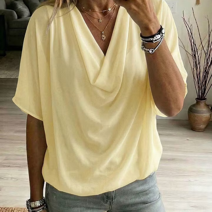 Women's Draped Cowl Neck Batwing Sleeve Solid Top