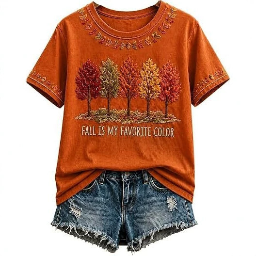 Summer Tree Letter Maple Leaf Print Short Sleeve T-Shirt