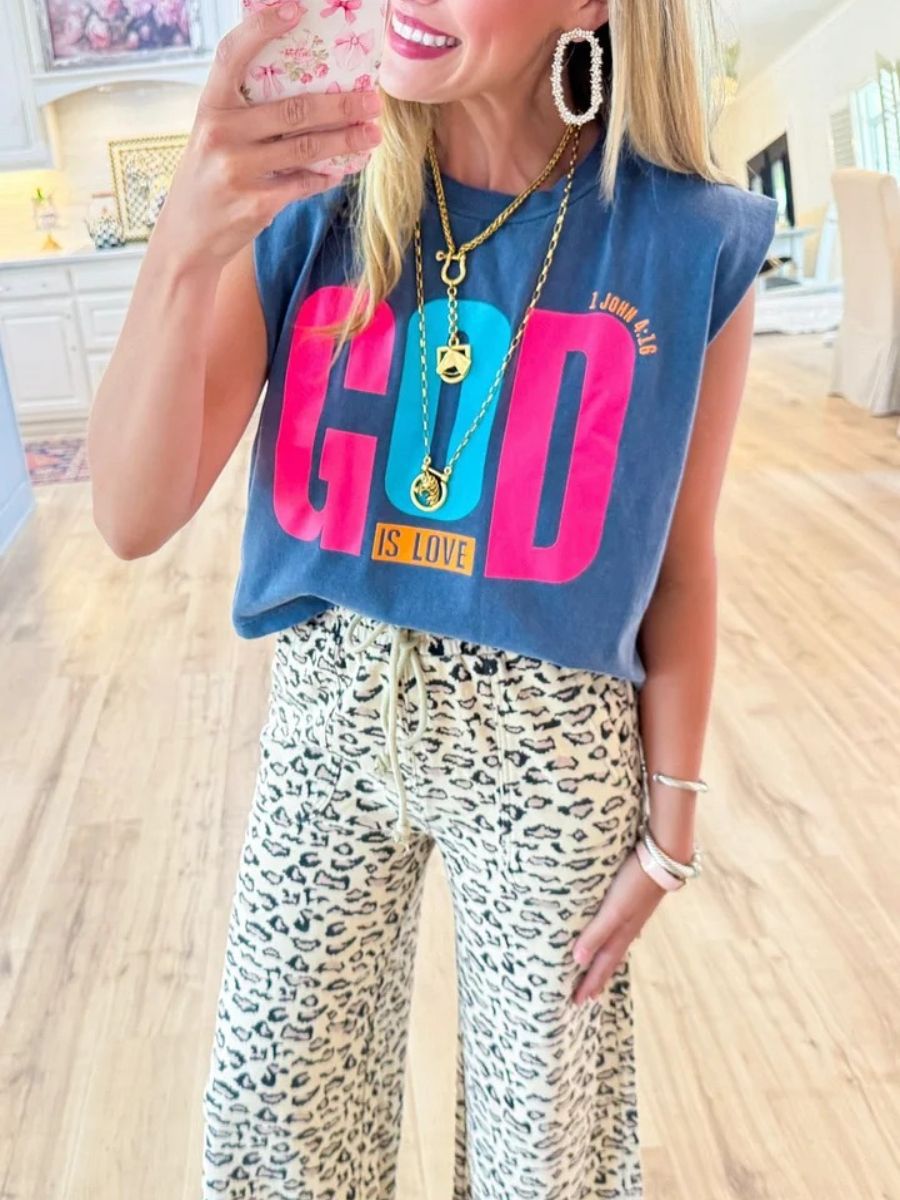 Summer Print Crewneck Sleeveless Letter Casual T-Shirt Top for Women