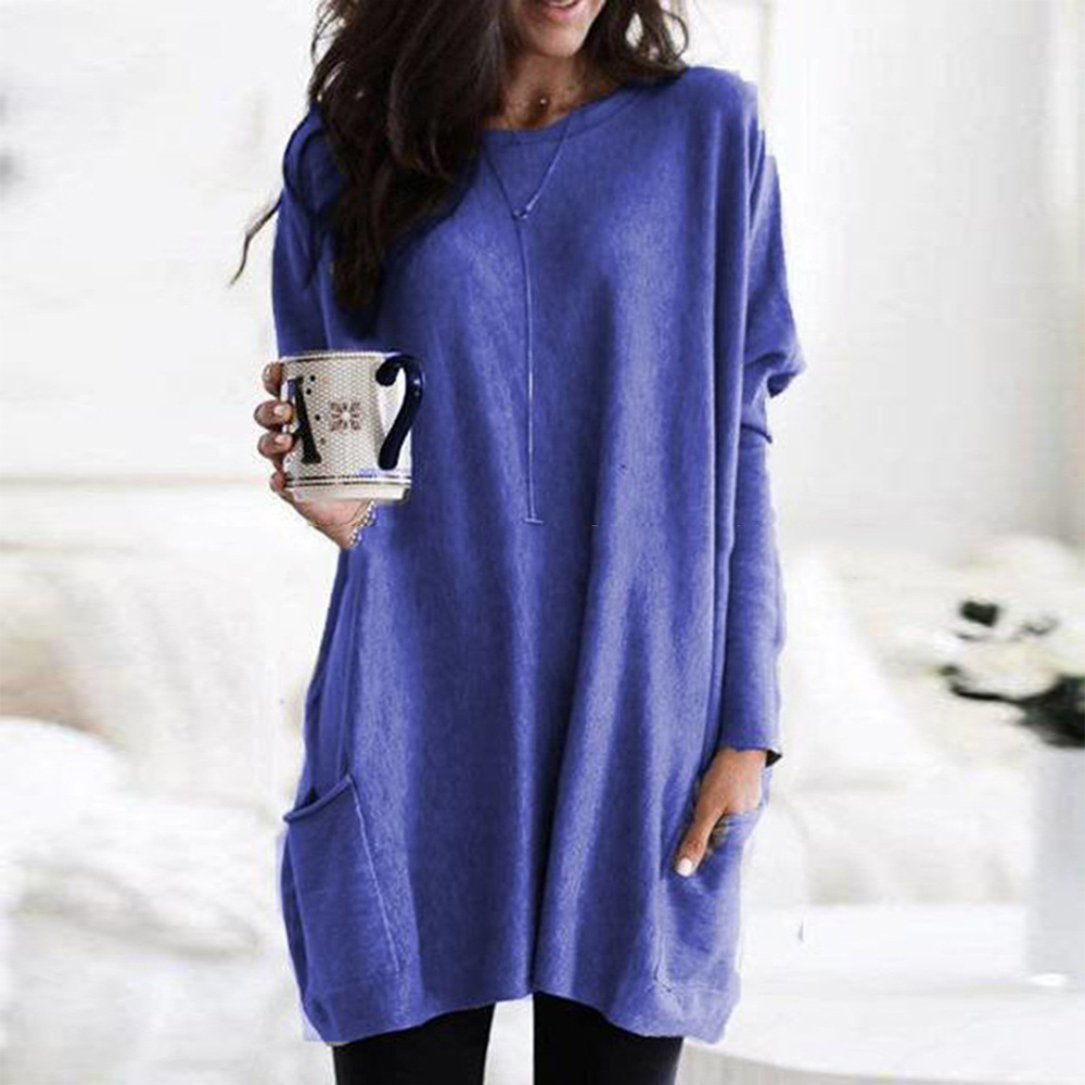 Women's Long Sleeve Pocket T-Shirt Casual Loose Fit Solid Color