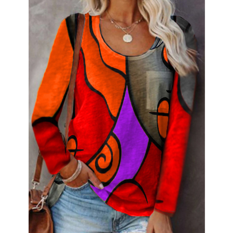 Women's Colorblock Geometric Print Long Sleeve T-Shirt