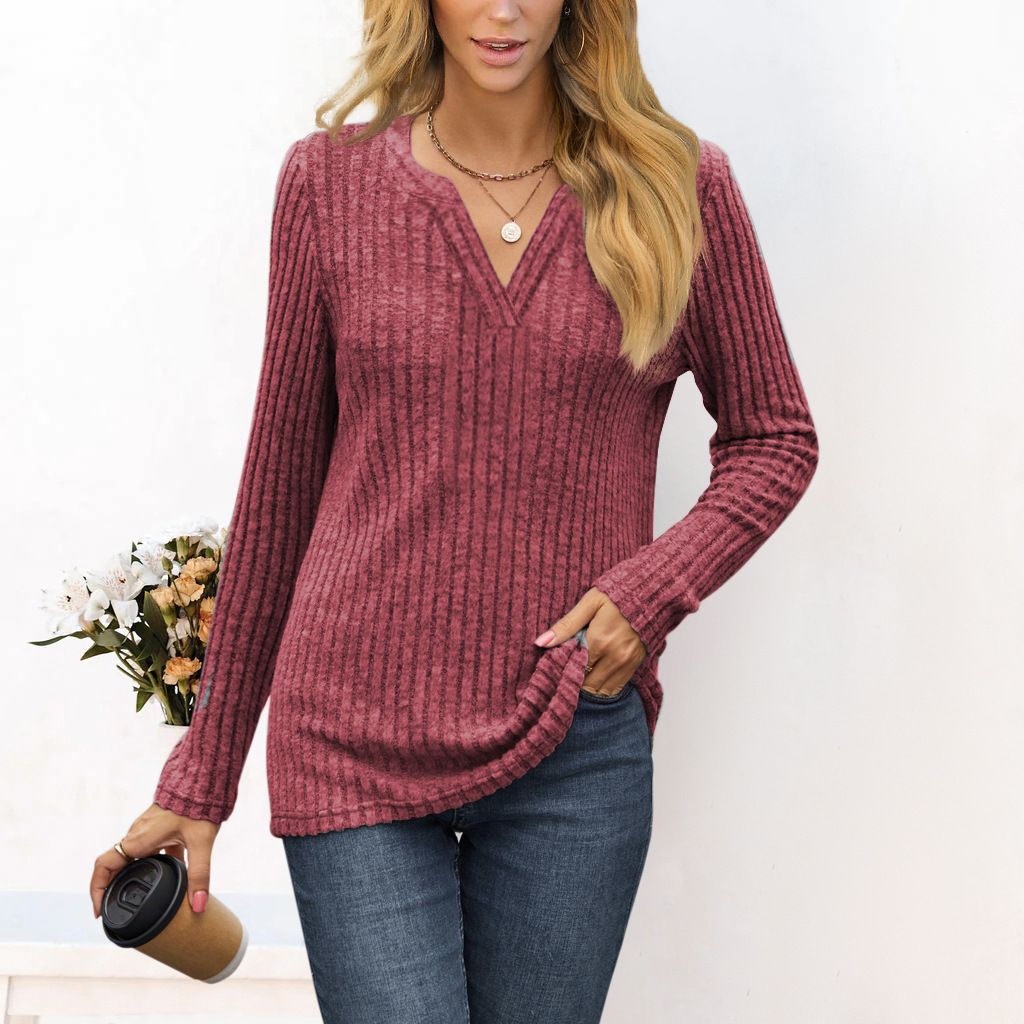 Women's Solid V-Neck Loose Long-Sleeve T-Shirt