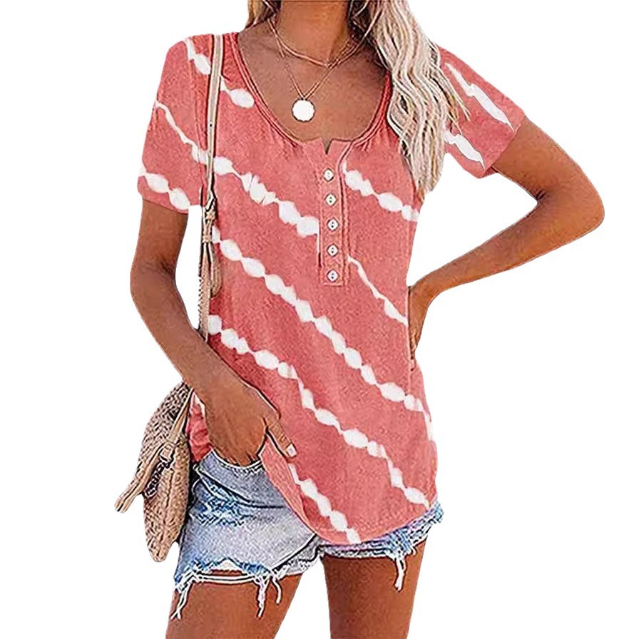Striped Crewneck Button Short-Sleeve T-Shirt