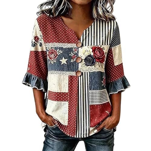 Summer American Firework Print Half-Sleeve Button Top