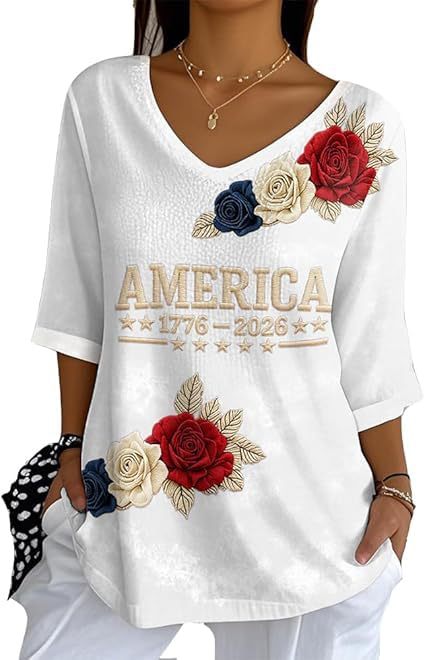 Floral Letter Print V-Neck Half-Sleeve Women's T-Shirt